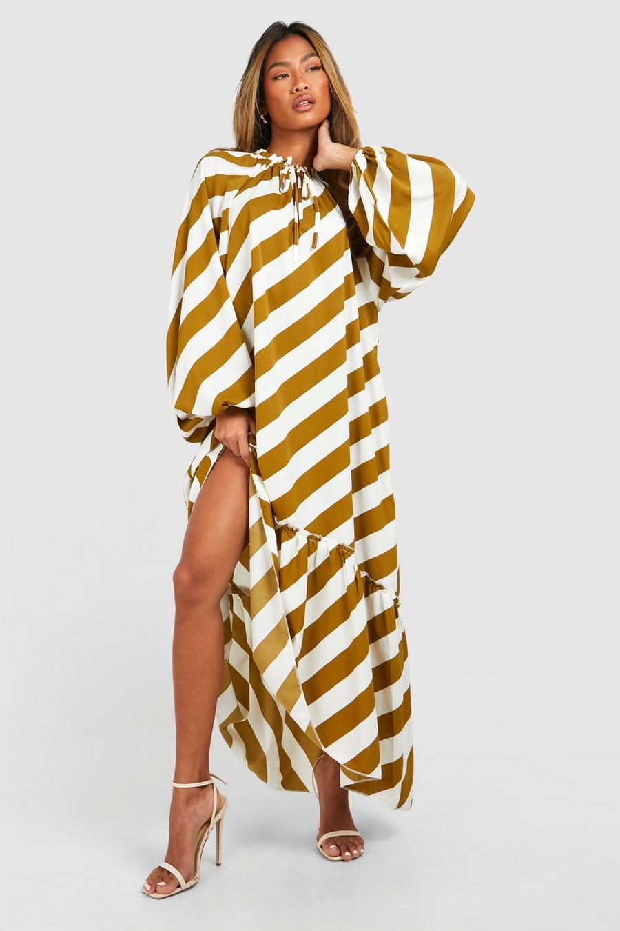 Chartreuse Stripe Tie Neck Midaxi Smock Dress