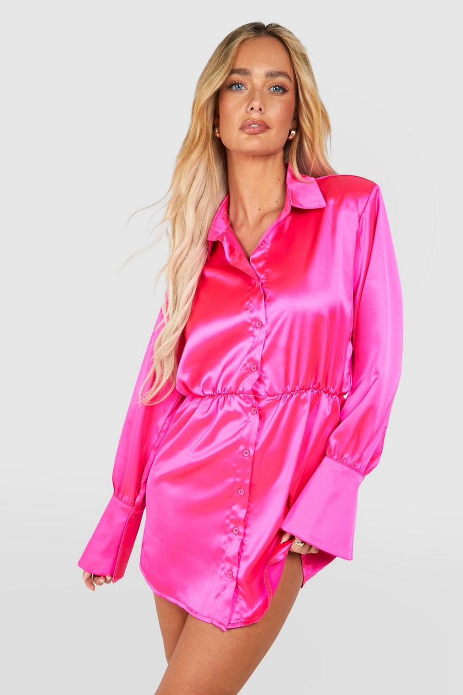 Miniabito a camicia in raso con spalline imbottite, Hot pink