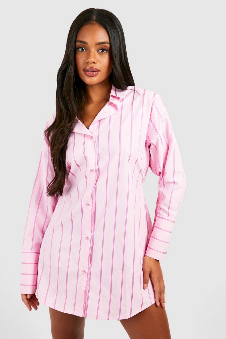 Pink Striped Cinched Waist Shirt Dress image number 1