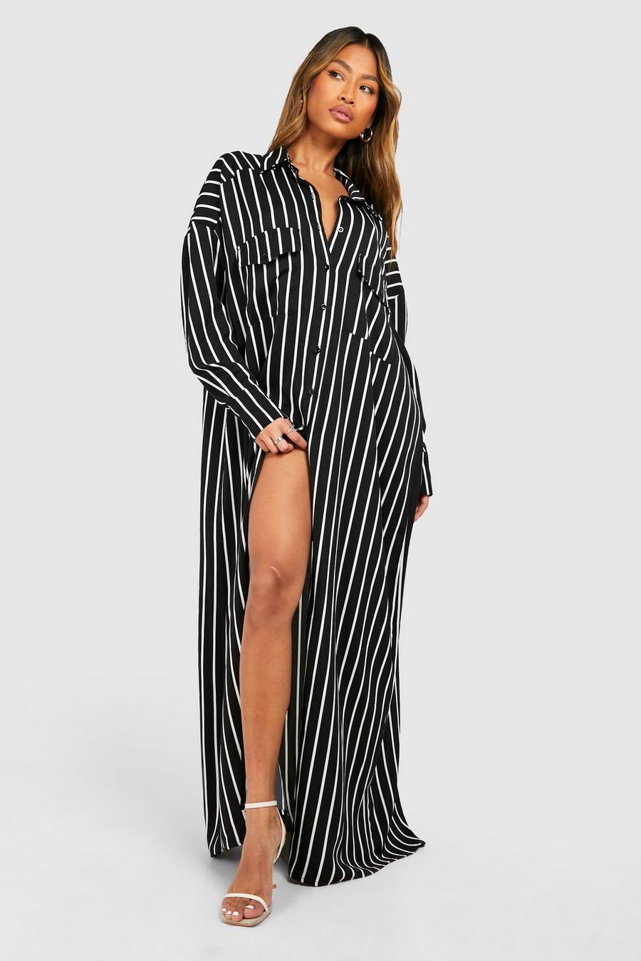 Stripe Utility Maxi Shirt Dress, Black