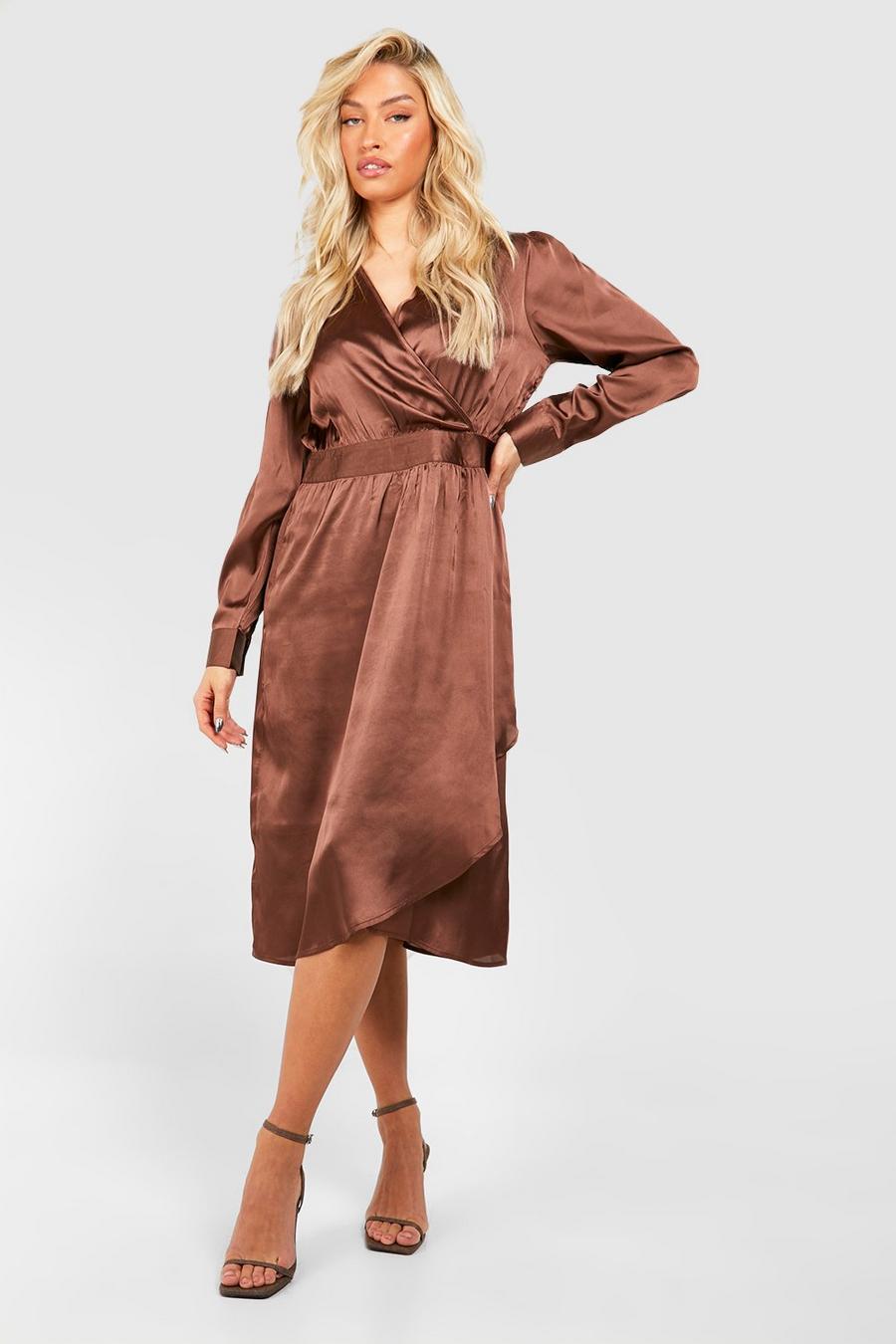 Chocolate Satin Wrap Midi Dress