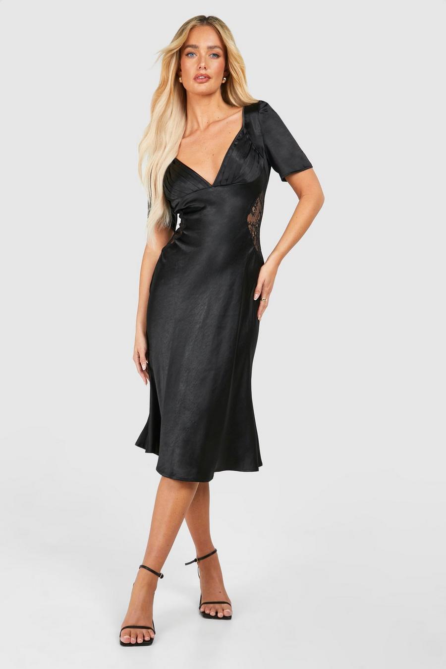 Black Satin Lace Detail Midi Dress image number 1