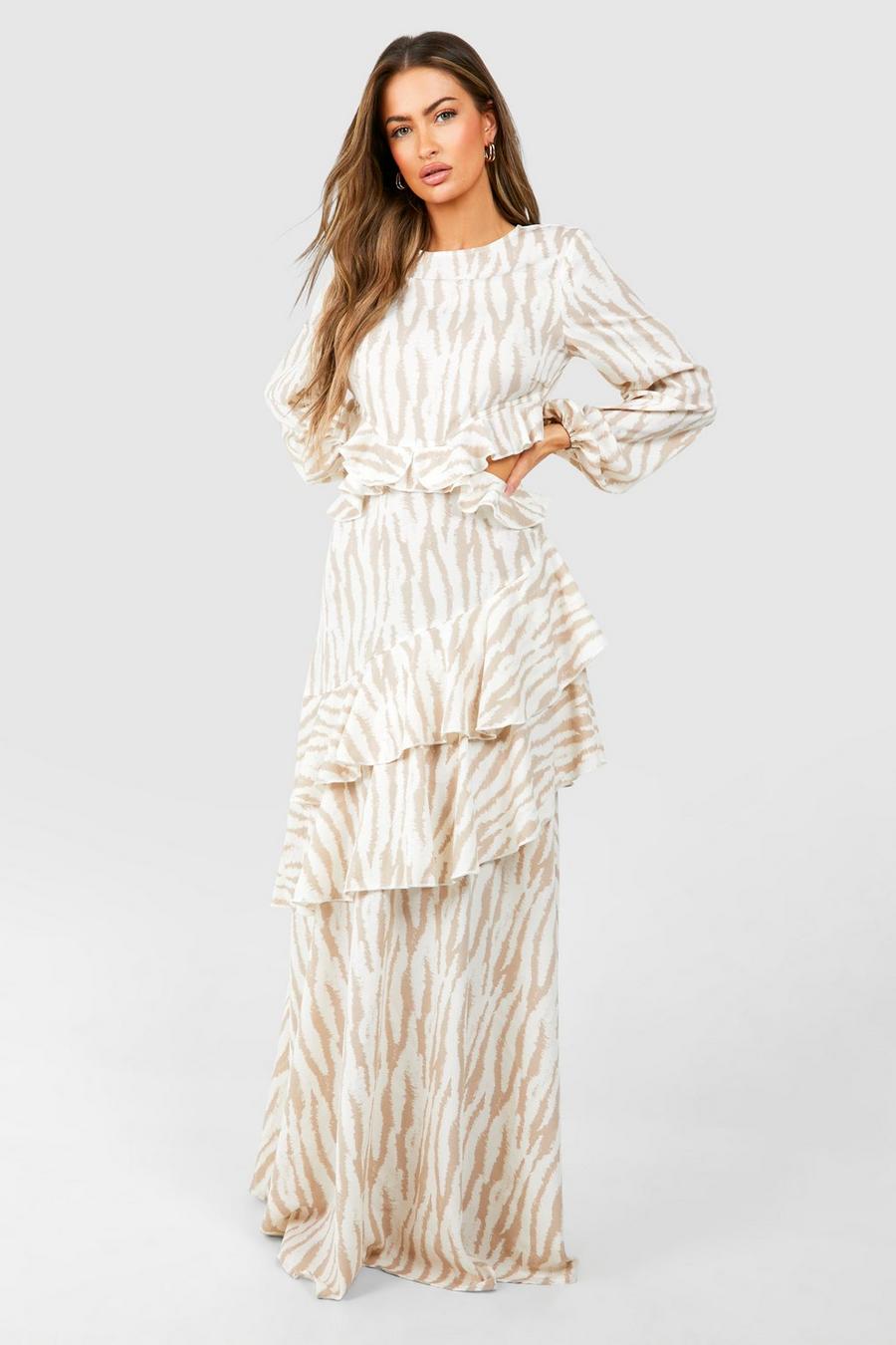 Stone Zebra Frill Detail Cut Out Maxi Dress