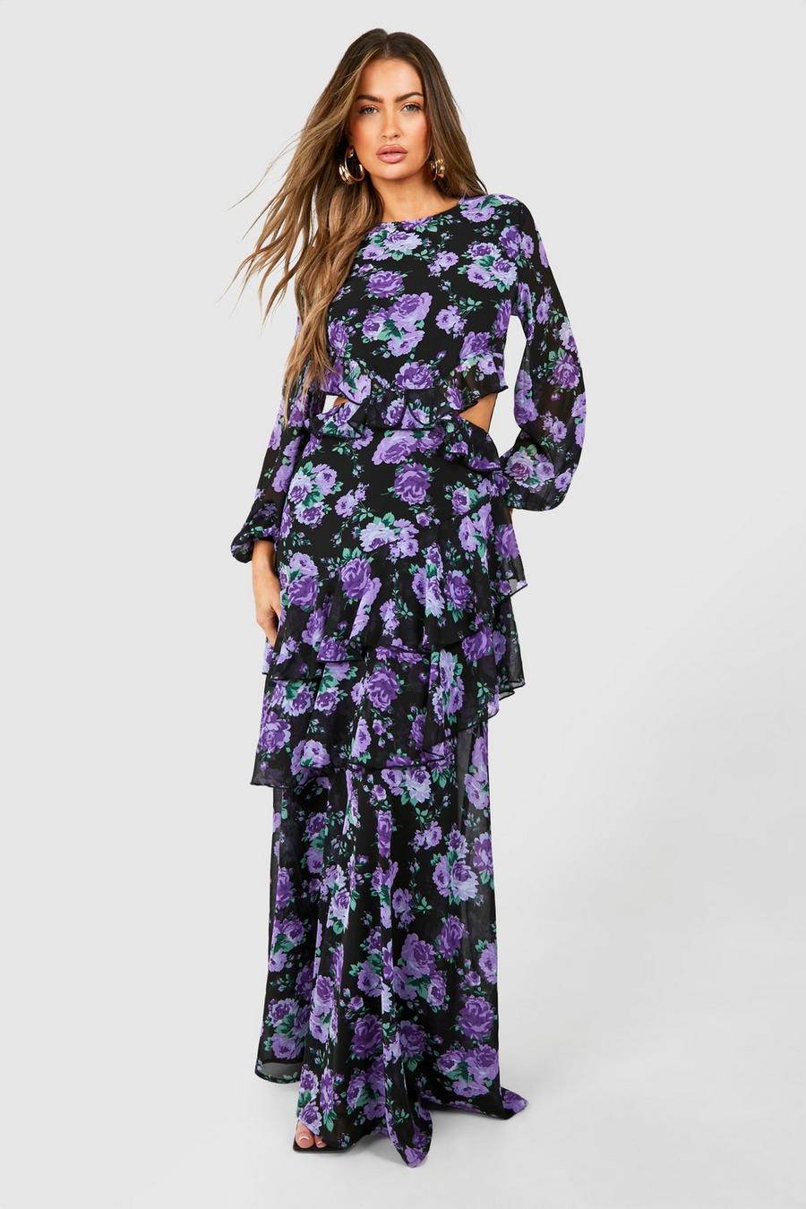 Vestito maxi in chiffon a fiori con volant e cut-out, Purple