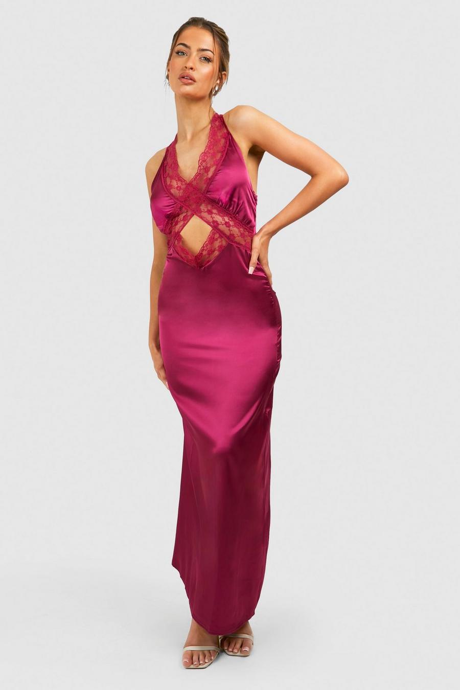 Pink Satin Lace Trim Cut Out Maxi Slip Dress image number 1