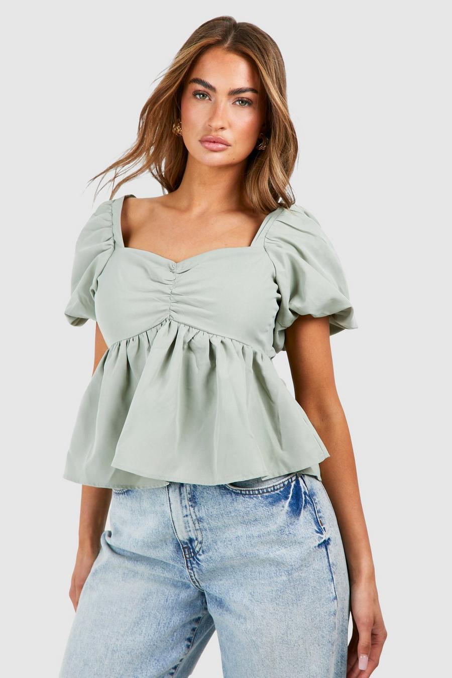 Sage Plus Abstract Puff Sleeve Smock Top
