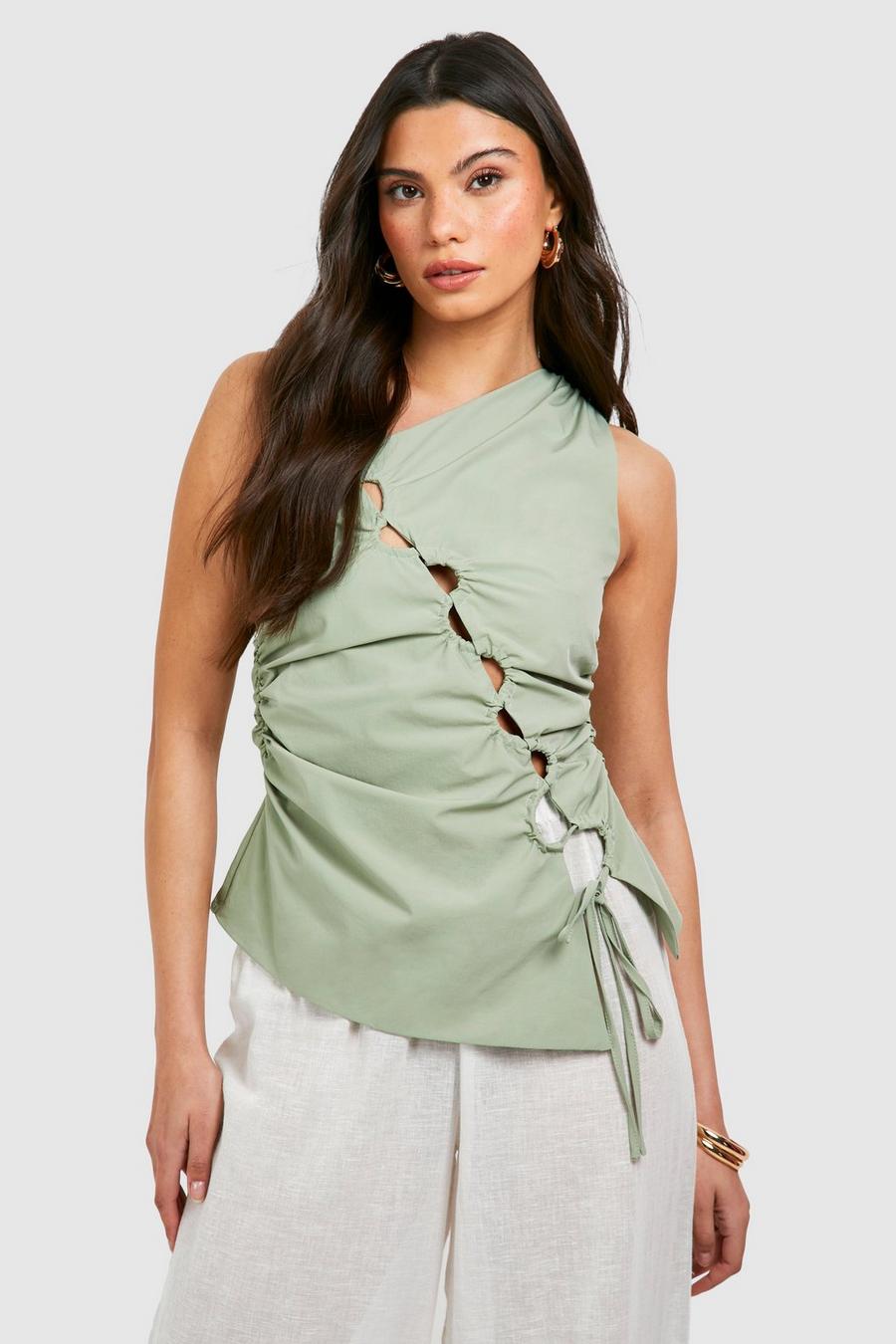 Sage Ruched Cut Out Detail Top