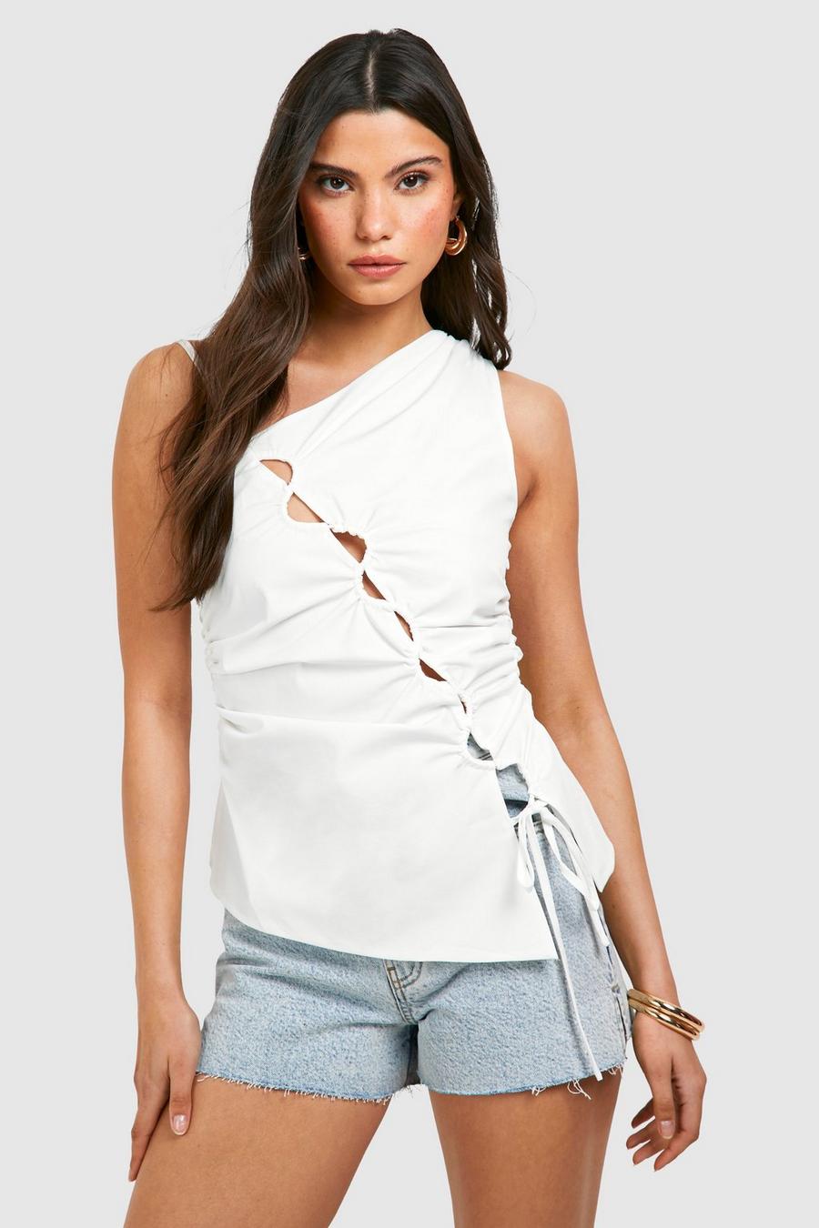 White Ruched Cut Out Detail Top