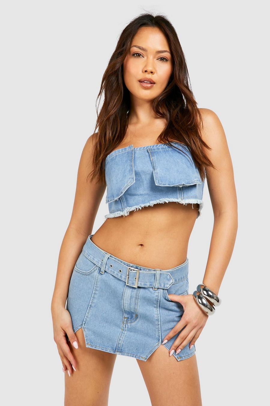 Light blue Notch Detail Buckle Belt Denim Micro Mini Skirt 