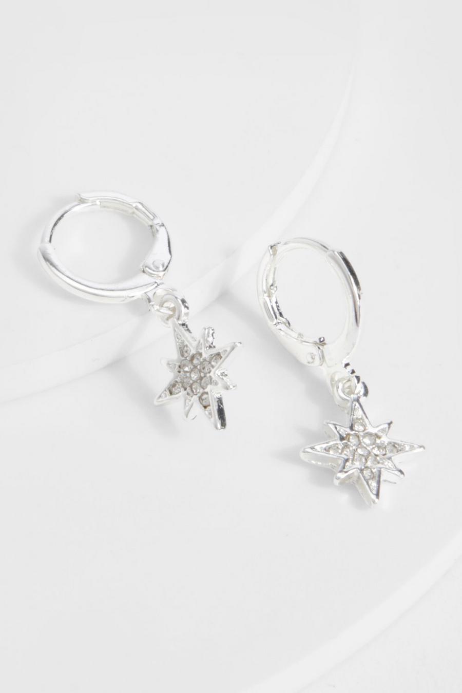 Silver Embellished Celestial Drop Hoop Earrings  image number 1