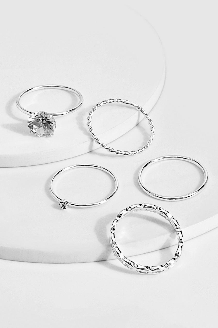 Silver 5 Pack Statement Gem Stacking Rings 