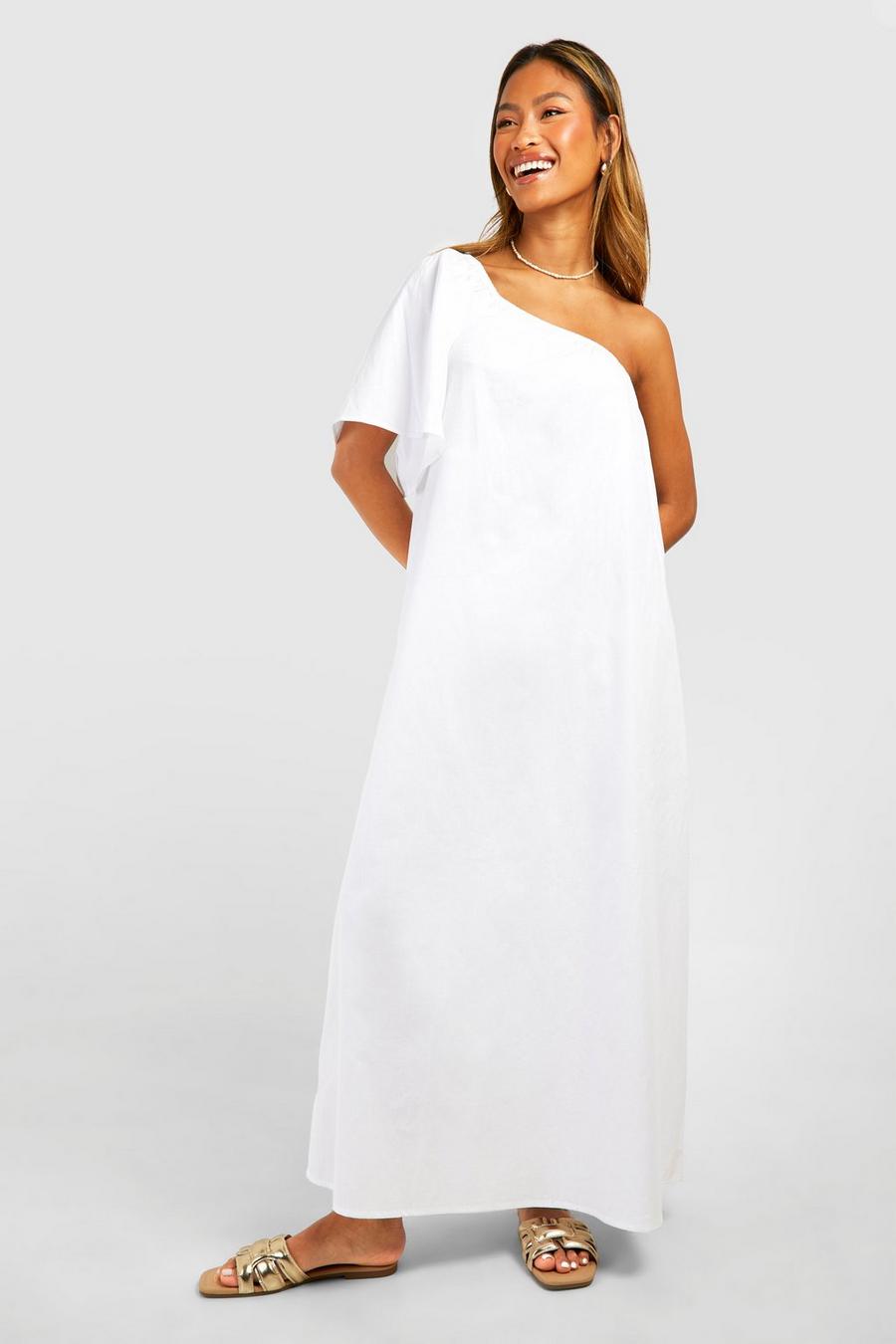 Vestido maxi de tela con un hombro descubierto, White