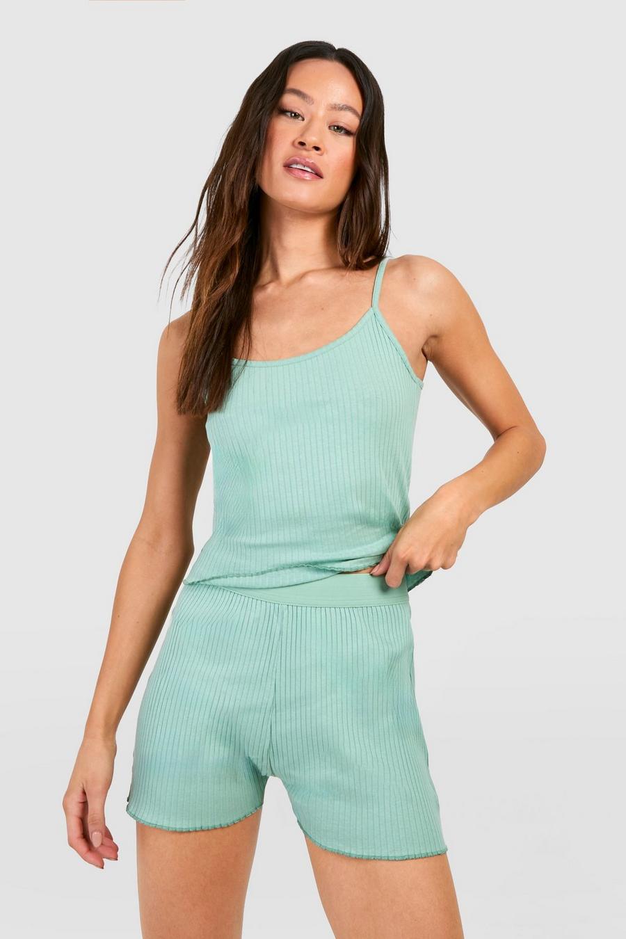 Tall gerippte Loungewear-Shorts mit gekräuseltem Saum, Green