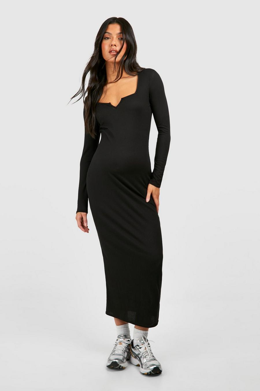 Black Maternity Soft Rib Notch Neck Bodycon Midi Dress