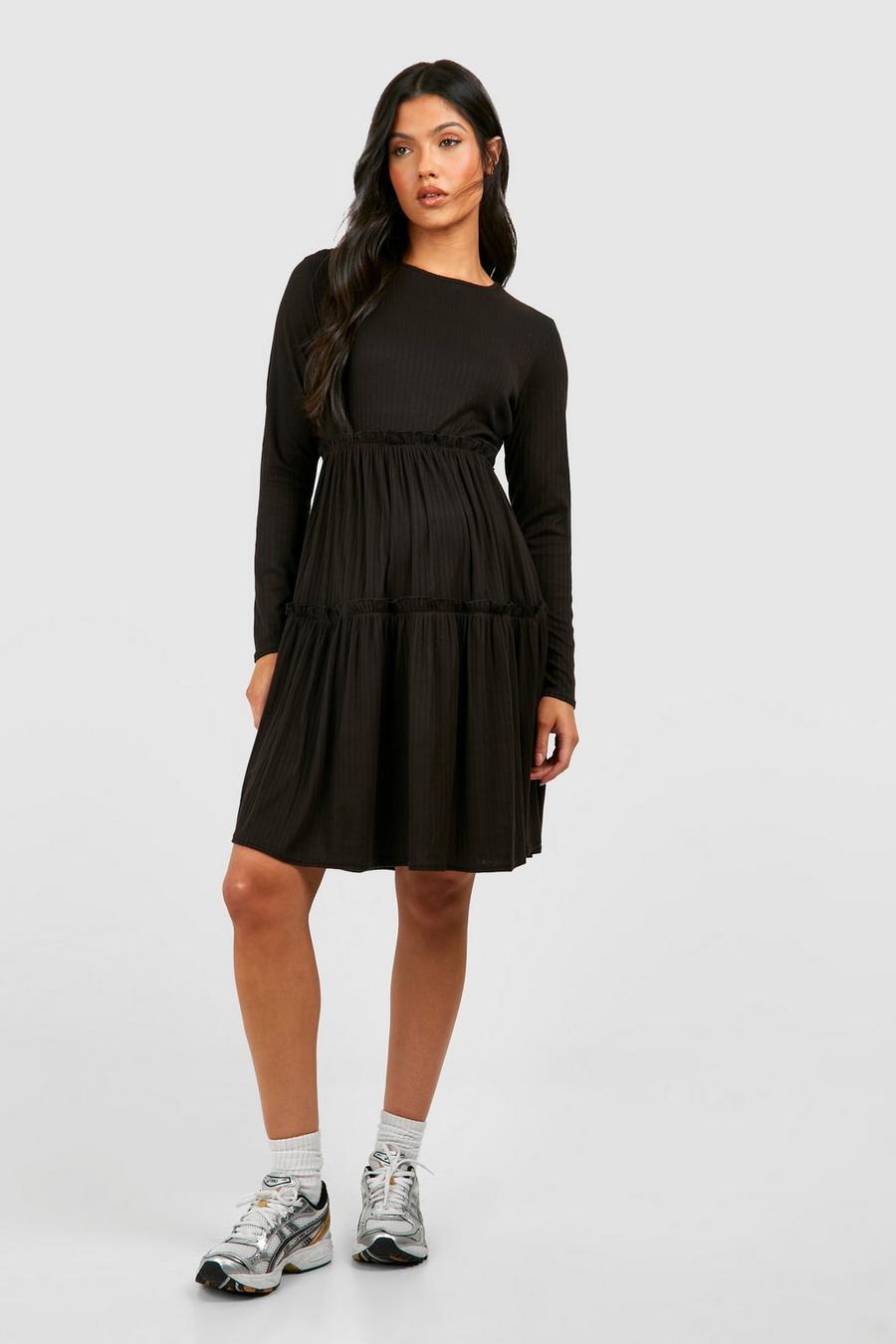 Vestido Premamá holgado de canalé jumbo con volante, Black