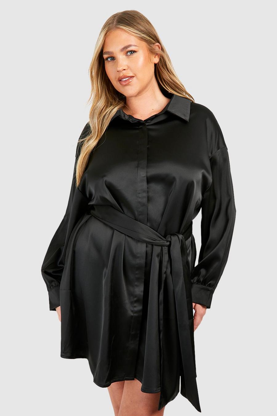 Plus Satin Hemd-Kleid mit Bindegürtel, Black