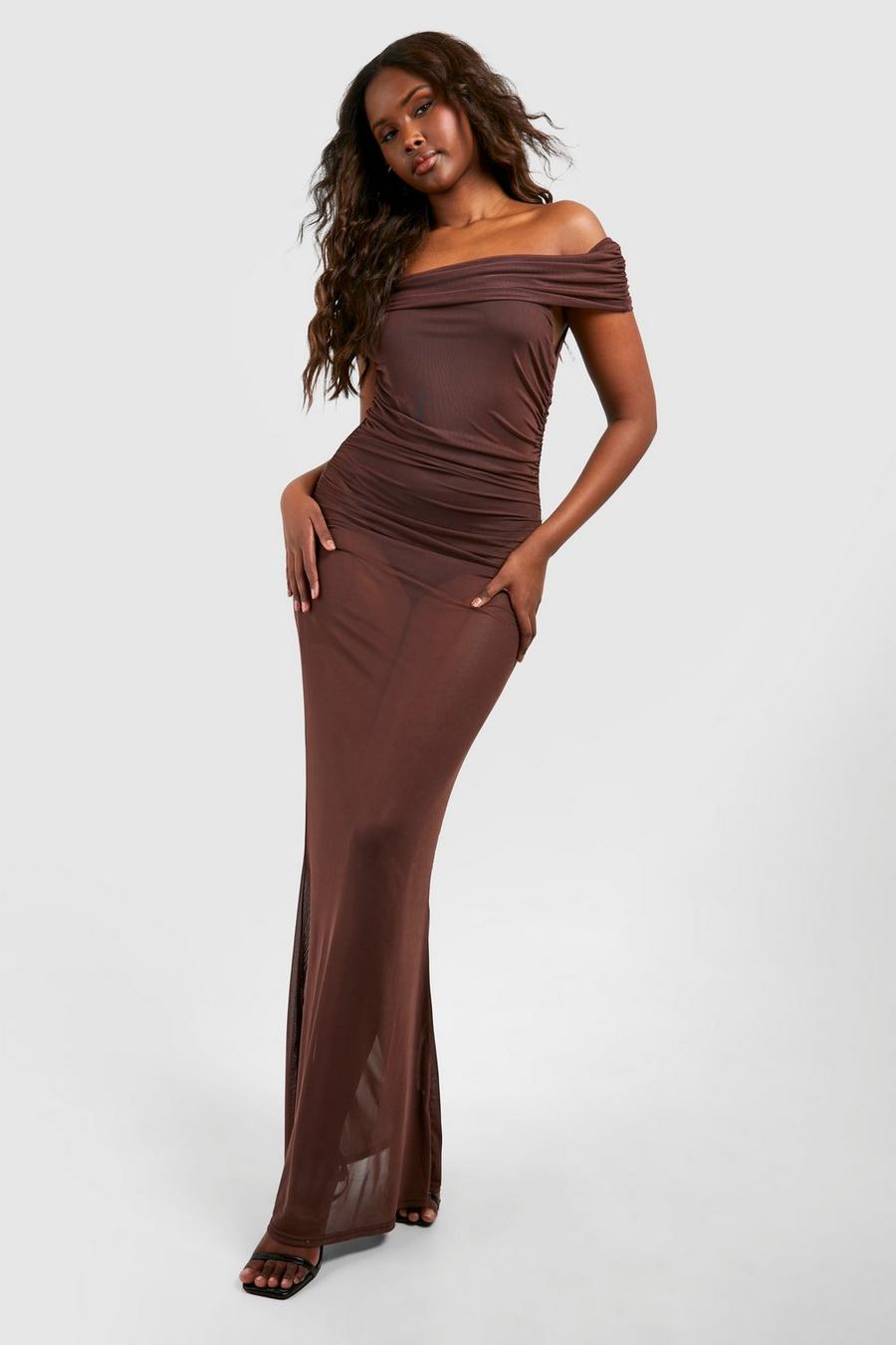 Chocolate Ruched Mesh Off The Shoulder Maxi Dress image number 1