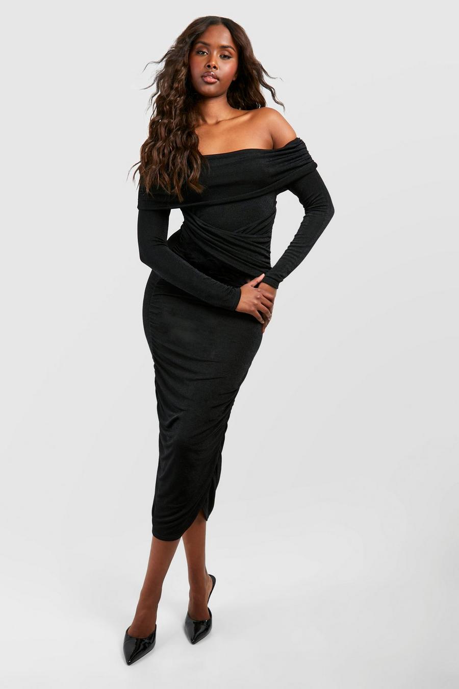 Black Bardot Ruched Acetate Slinky Mini Dress