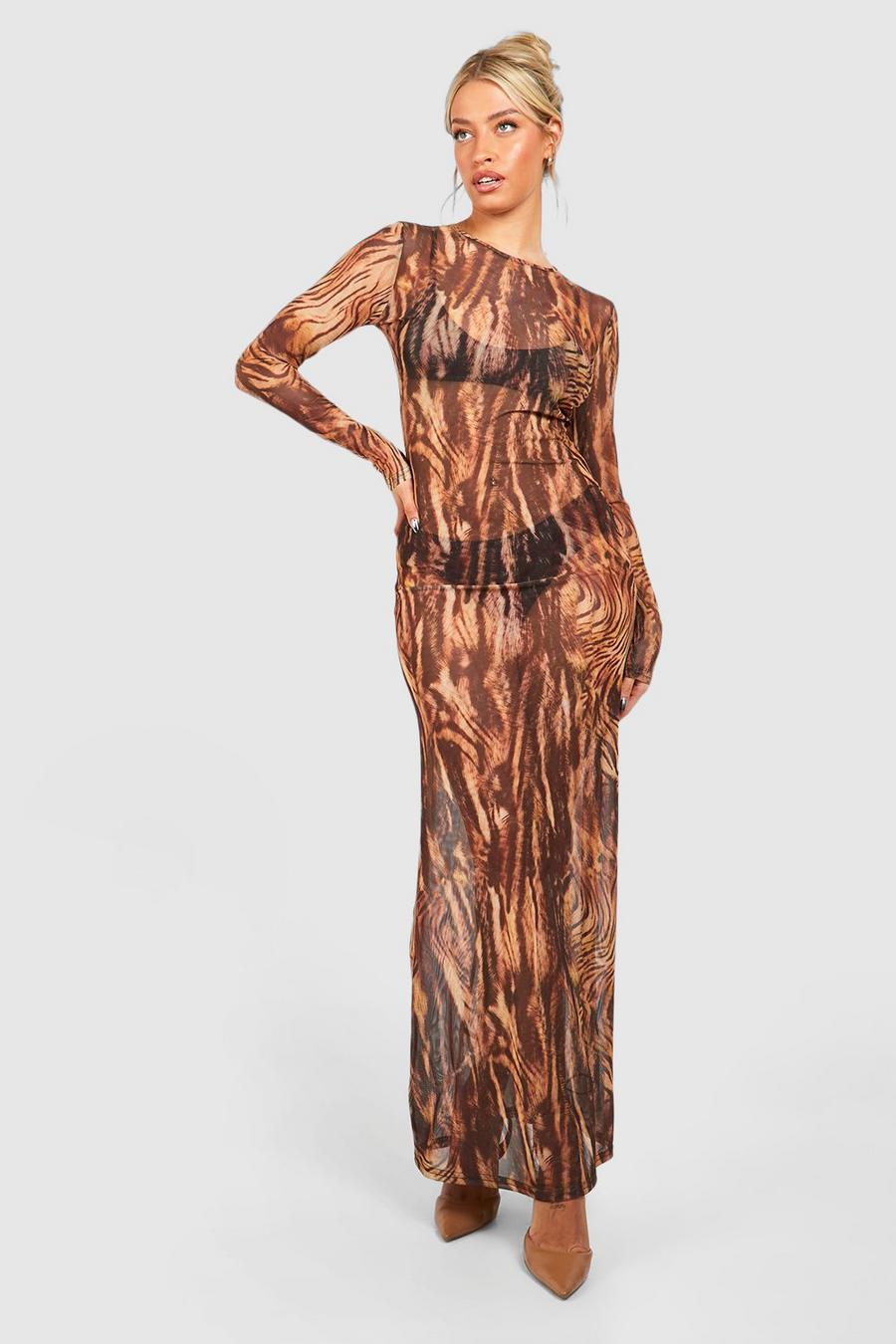 Leopard Print Mesh Long Sleeve Maxi Dress image number 1