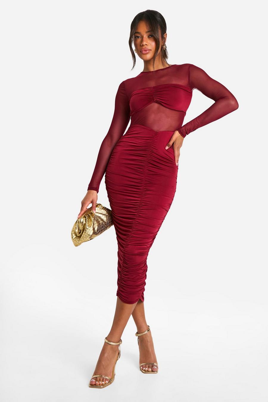 Plum Mesh And Slinky Ruched Midi Dress image number 1
