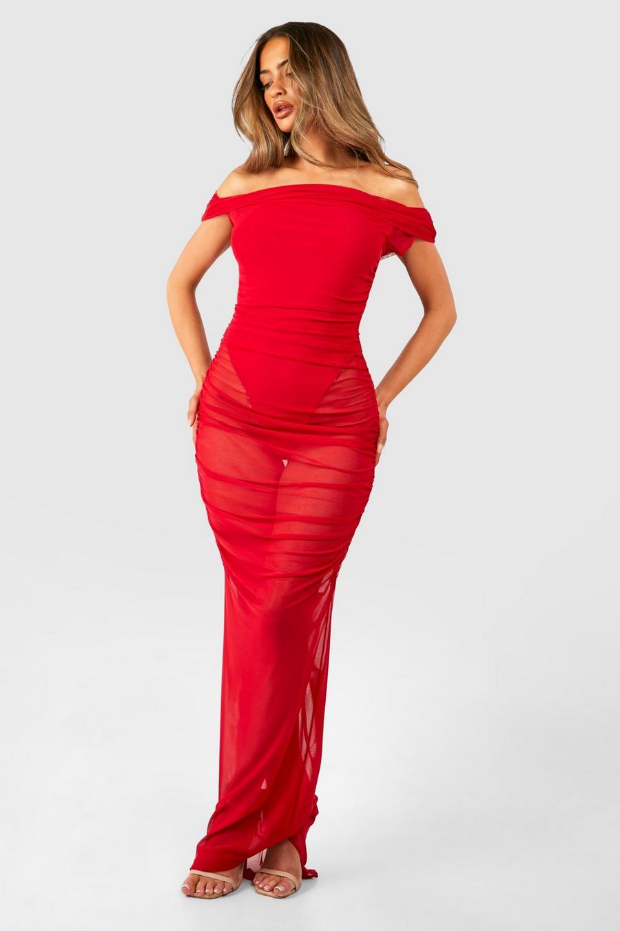 Red Off The Shoulder Ruched Mesh Maxi Dress
