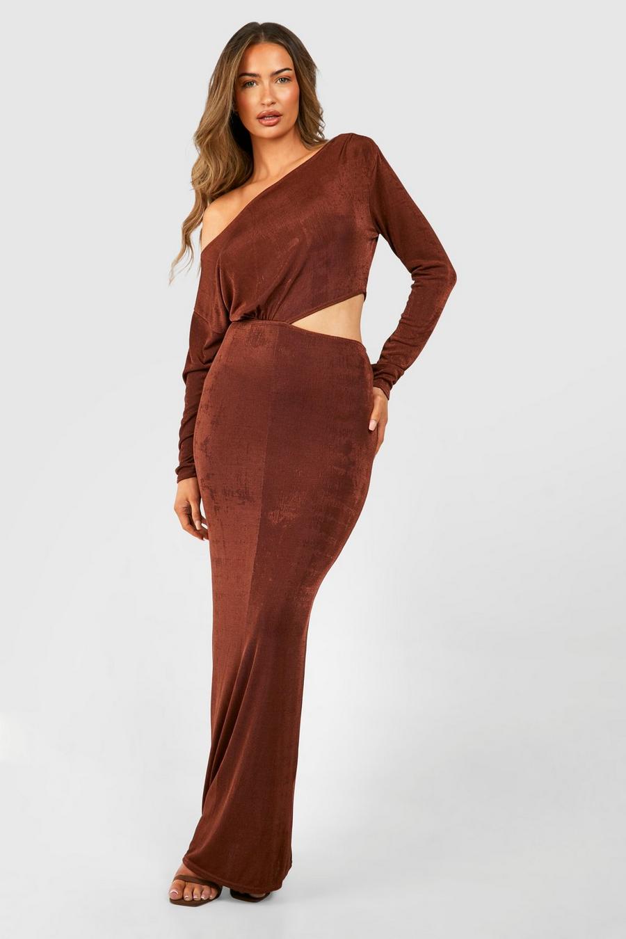 Chocolate Boat Neck Ruched Acetate Slinky Cut Out Maxi Dress
