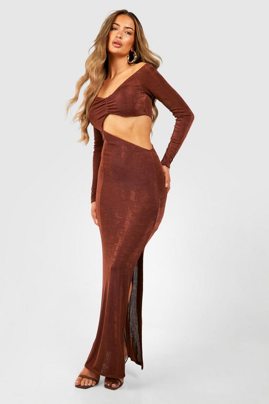 Chocolate Off The Shoulder Ruched Acetate Slinky Split Leg Maxi Dress
