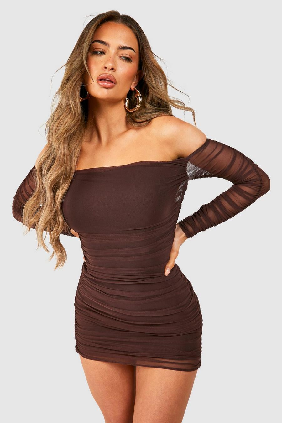 Chocolate Off The Shoulder Ruched Mesh Mini Dress