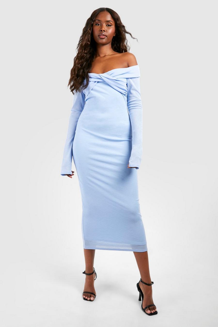 Vestito longuette in rete semi-trasparente con dettagli attorcigliati e scollo Bardot, Slate blue