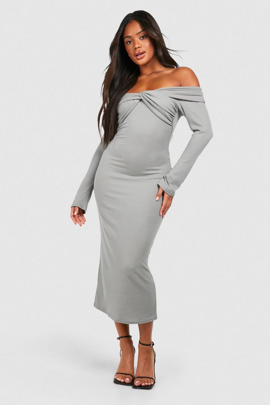 Grey Twist Detail Bardot Soft Rib Midaxi Dress