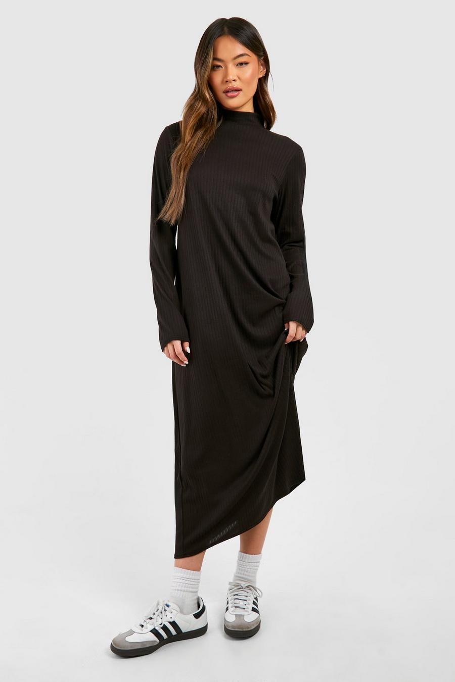 Black Oversized Brushed Rib Column Midi Dress