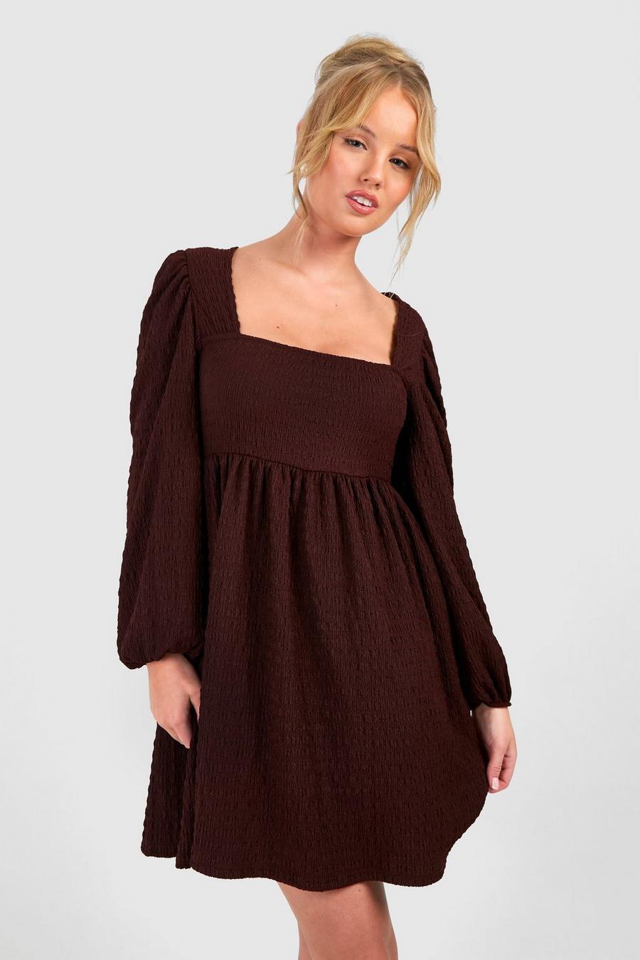 Chocolate Textured Puff Sleeve Long Sleeve Mini Dress