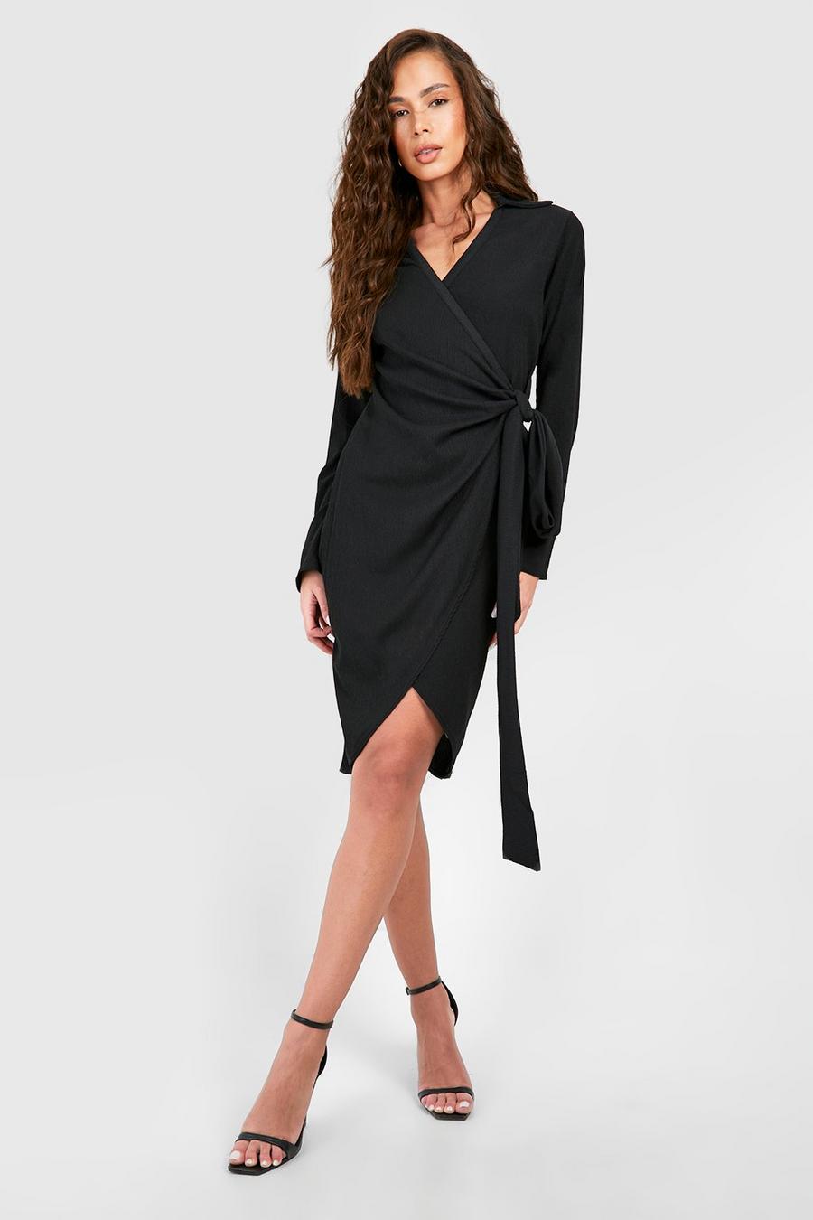 Black Textured Tie Waist Wrap Midi Dress