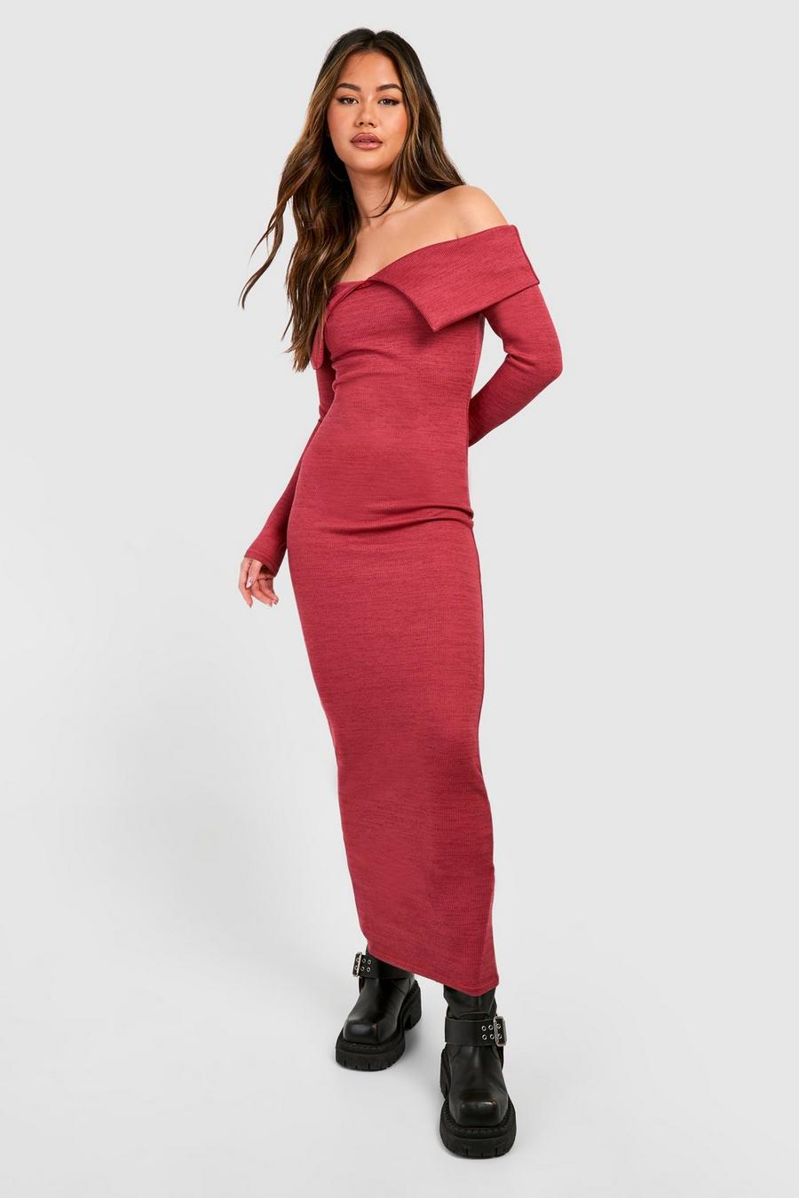 Rose Bardot Heavy Rib Long Sleeve Maxi Dress