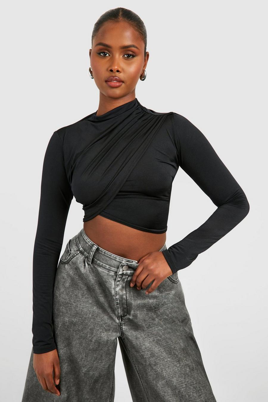 Black Drape Front Crop Top