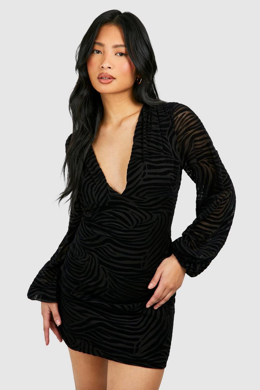 Black Petite Devore Balloon Sleeve Plunge Mini Dress 