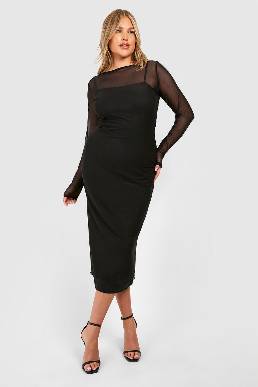 Black Plus Sheer Mesh Contrast Midaxi Dress