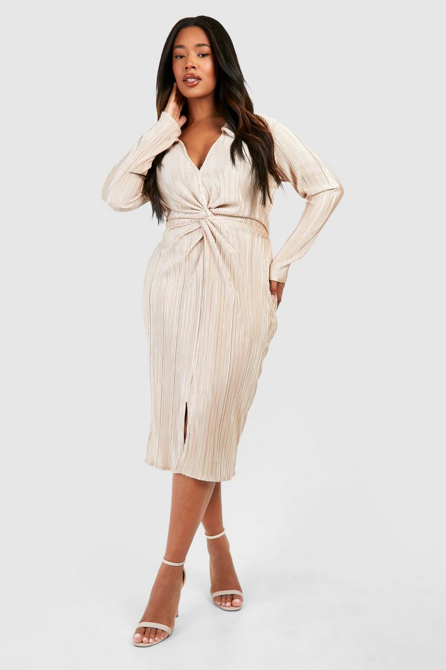 Champagne Plus Plisse Twist Front Midi Shirt Dress