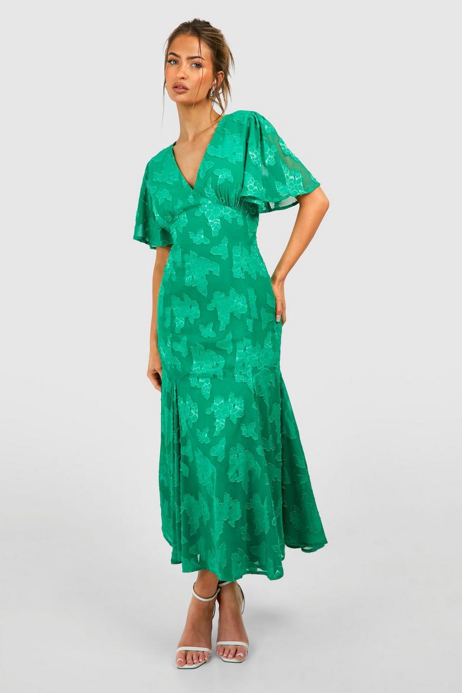 Green Burnout Floral Angel Sleeve Midi Dress