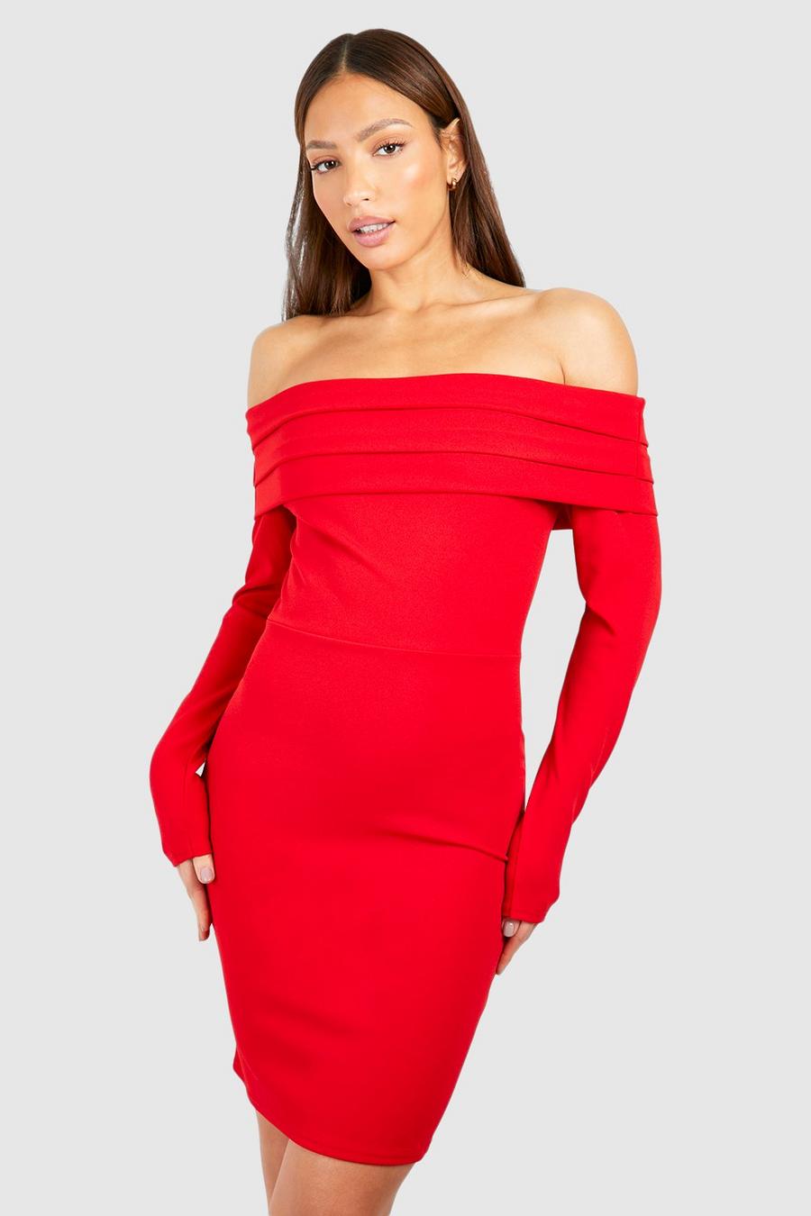 Red Tall Crepe Ruched Bardot Mini Dress image number 1