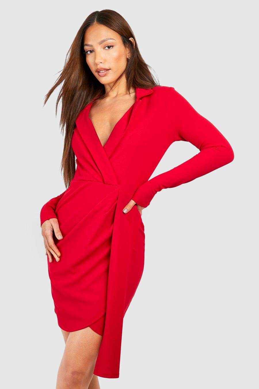 Red Tall Crepe Long Sleeve Drape Blazer Dress