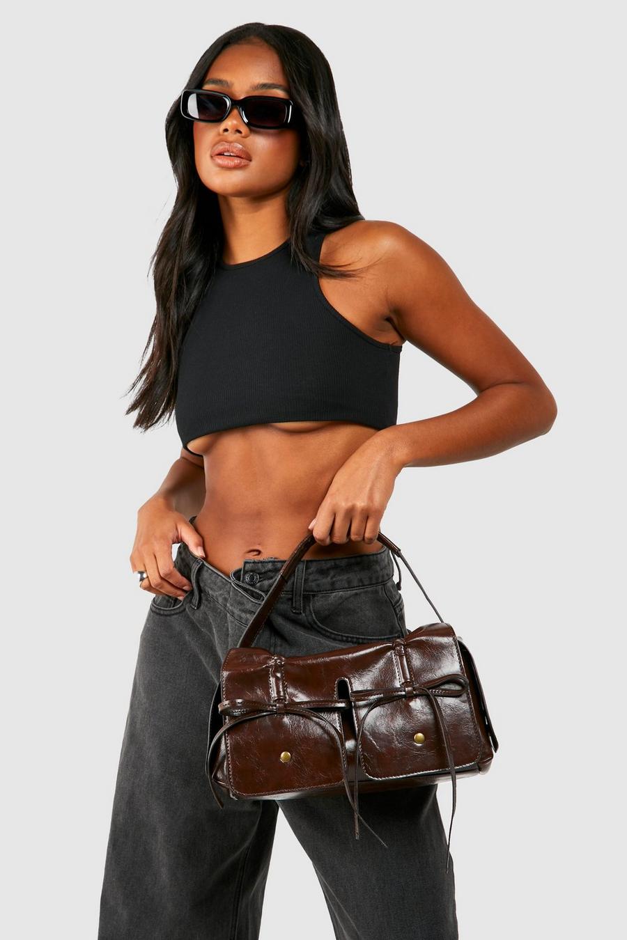 Brown Distressed Bow Detail Multi Pocket Bag 