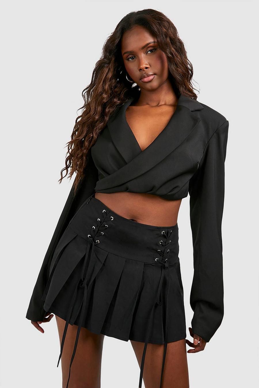 Black Lace Up Pleated Tennis Skirt