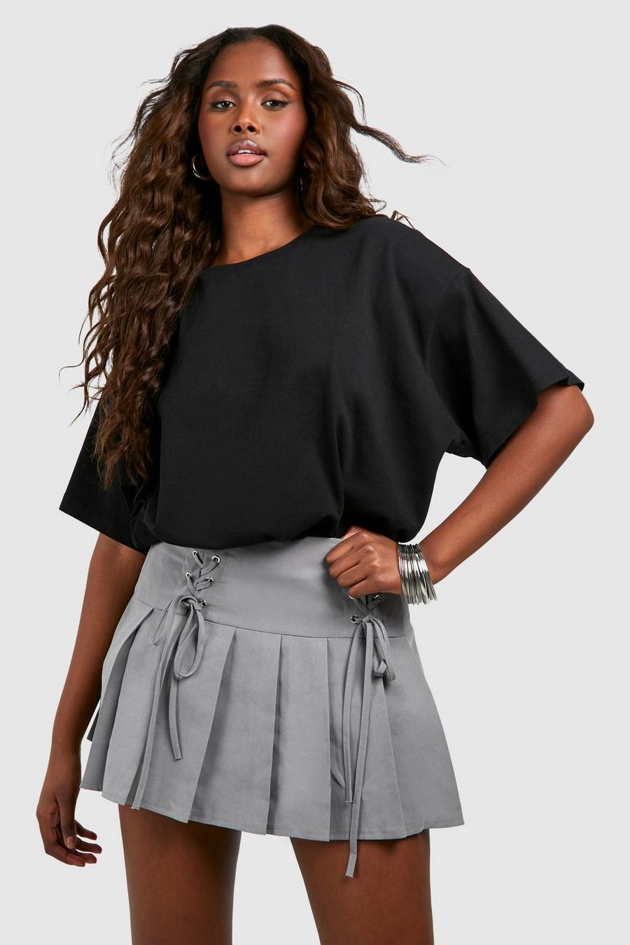 Grey Lace Up Pleated Tennis Skirt