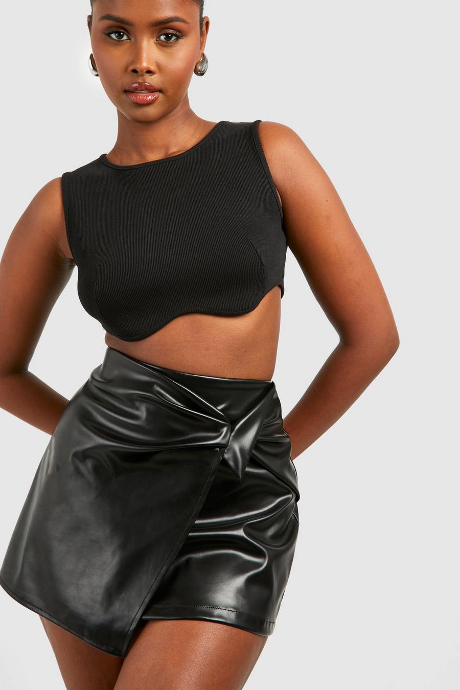 Black Twist Front Faux Leather Mini Skirt