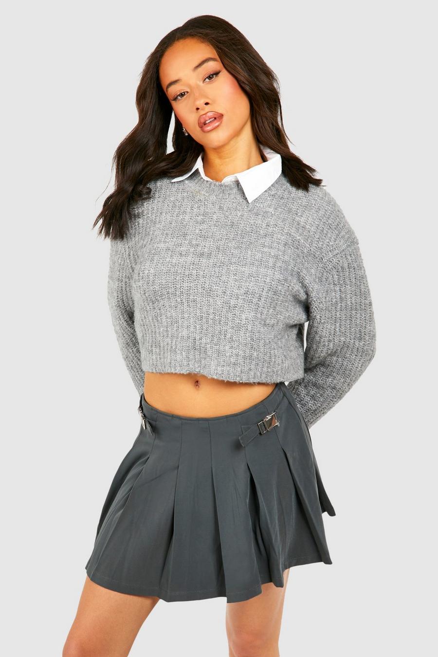 Grey Buckle Detail Pleated Skirt