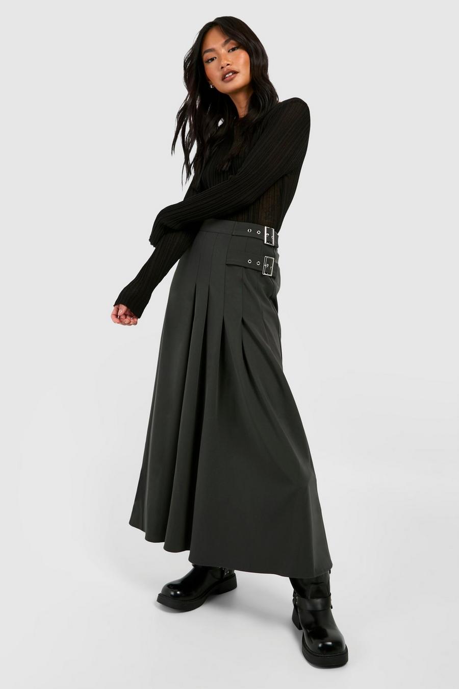 Charcoal Belt Detail Midi Kilt Skirt