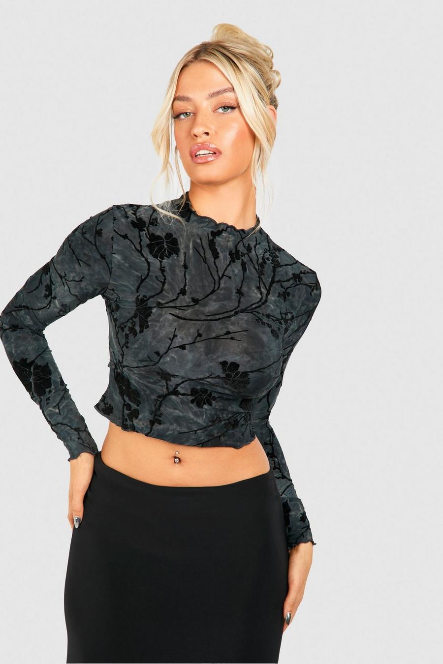 Black Long Sleeve Abstract Patterned Top