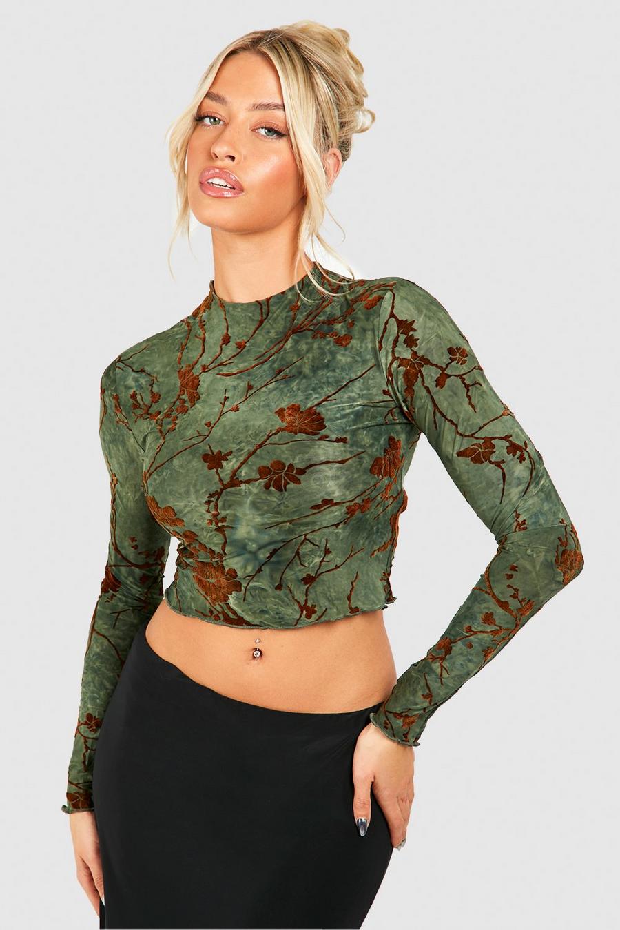 Green Long Sleeve Abstract Patterned Top