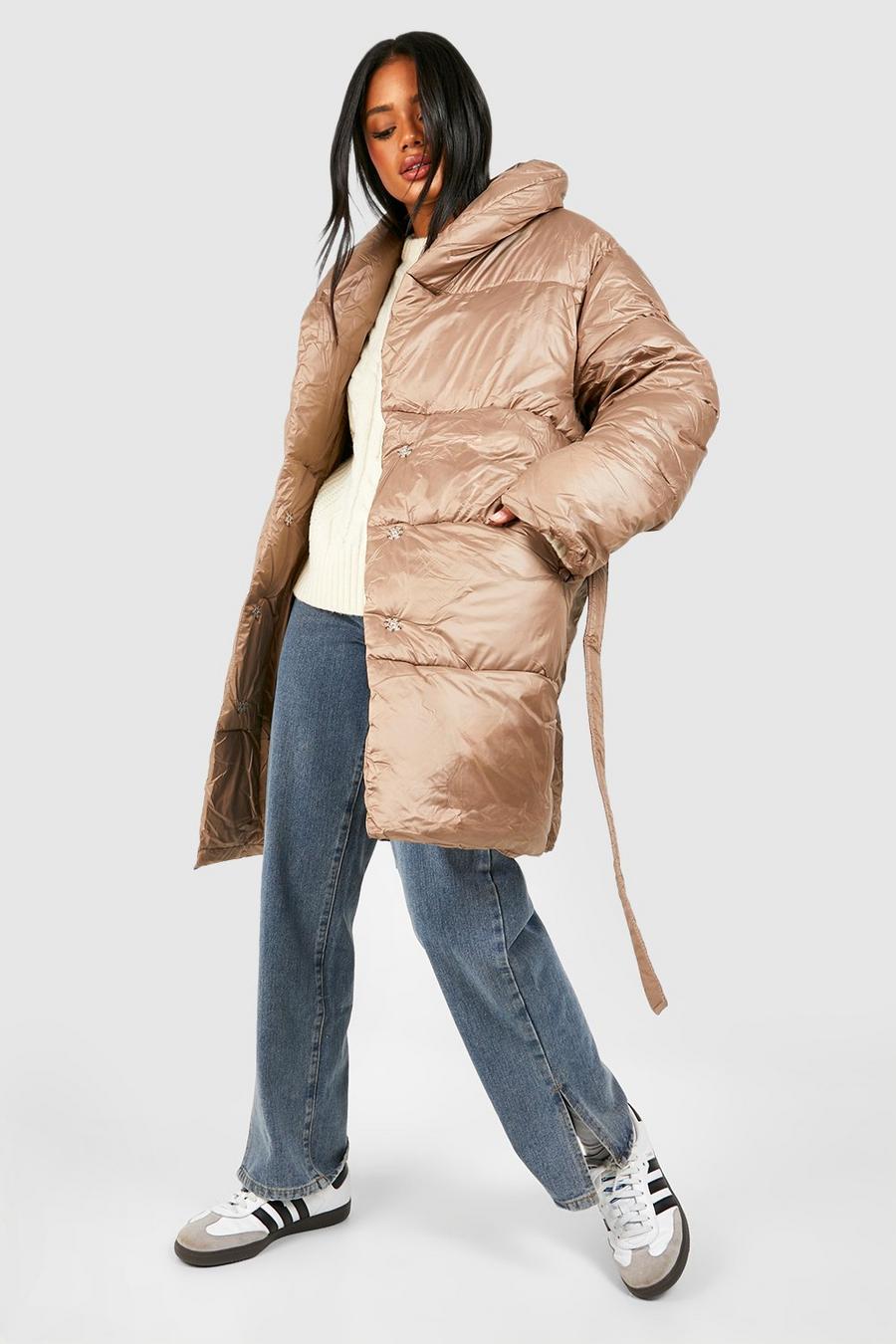 Taupe Duvet Belted Puffer Jacket